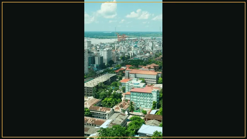 Yangon modern skyline with digital network overlays and mobile payment connections