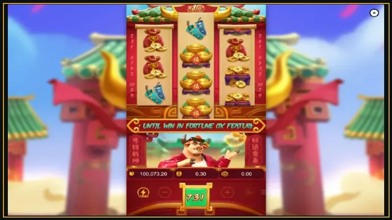 Golden Fortune Ox character with red fireworks, gold coins, and 10x multiplier badge